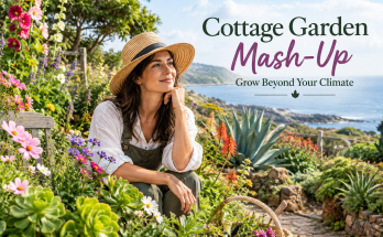 beautiful cottage garden with colorful flowers and green plants